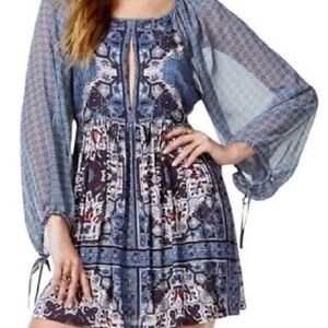 Free People Oksana Print Dress With Balloon Sleeves Size 2 Brown Black Purple